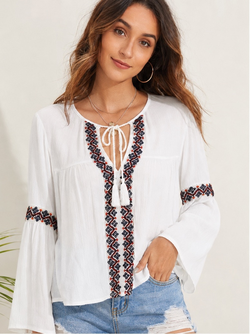 Boho Embroidered Peasant Blouse White Tie Neck Bell Sleeve cottagecore Chic XL